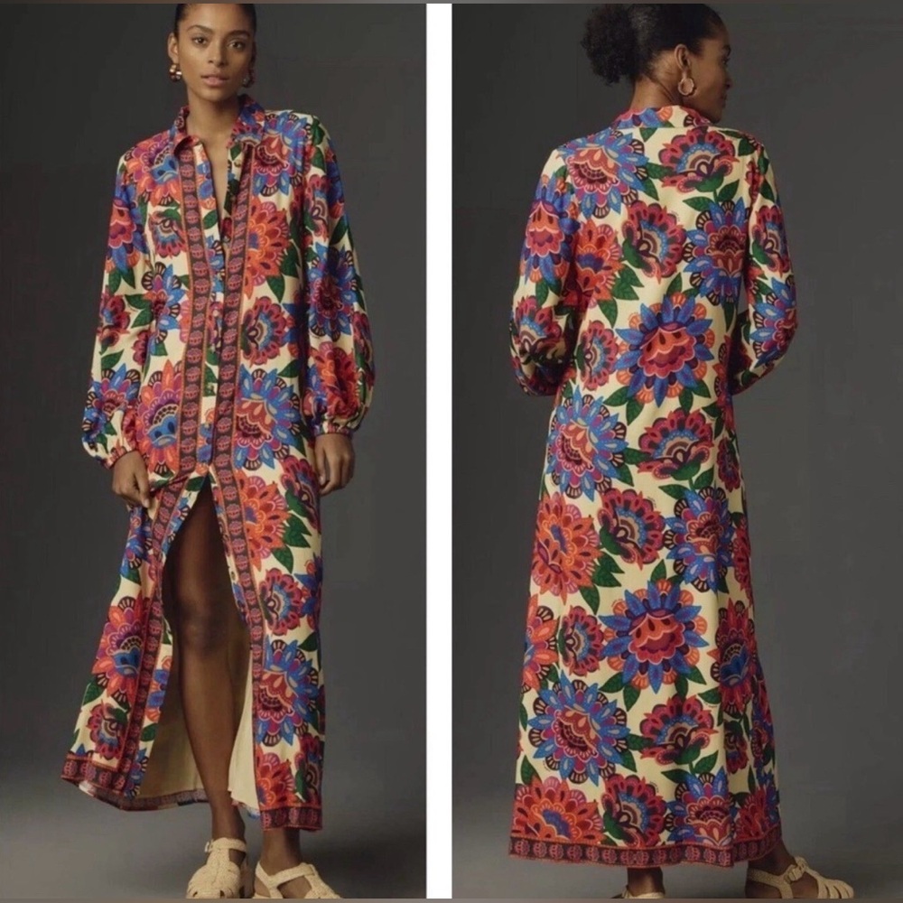 Anthropologie X Farm Rio Long-Sleeve Button-Front Midi Dress